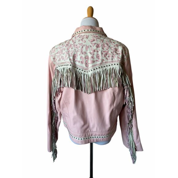 VTG Signature Gordon & James Pink Fringe Studded Rhinestone Wstrn Leather Jacket - Picture 3 of 16
